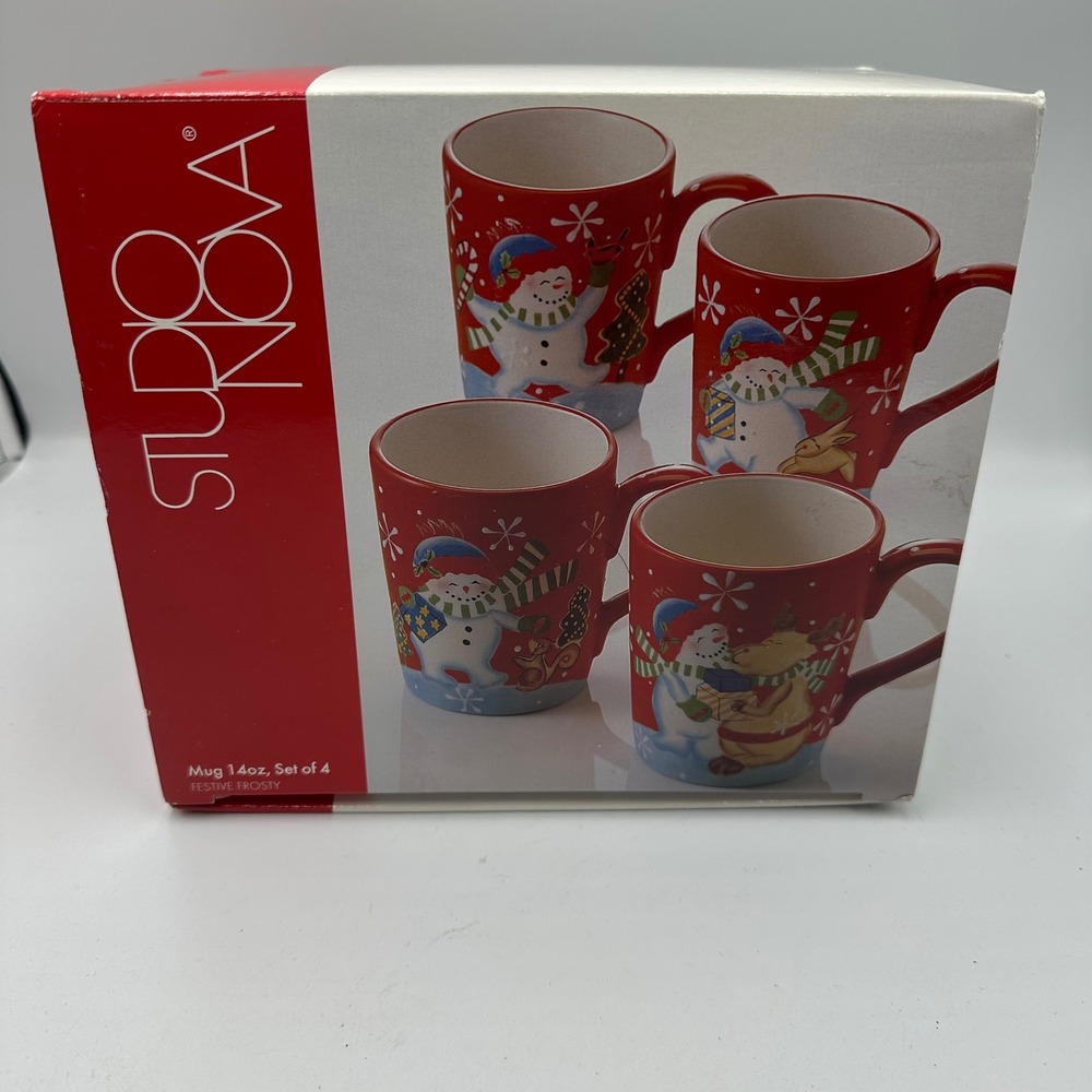 Studio Nova Festive Frosty Mug Set 4 14oz Red Snowman Reindeer KT700 Christmas‎